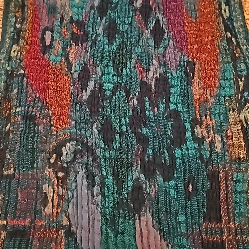 VTG Handwoven Turquoise Multi-color Rainbow Crinkle Fringe Scarf